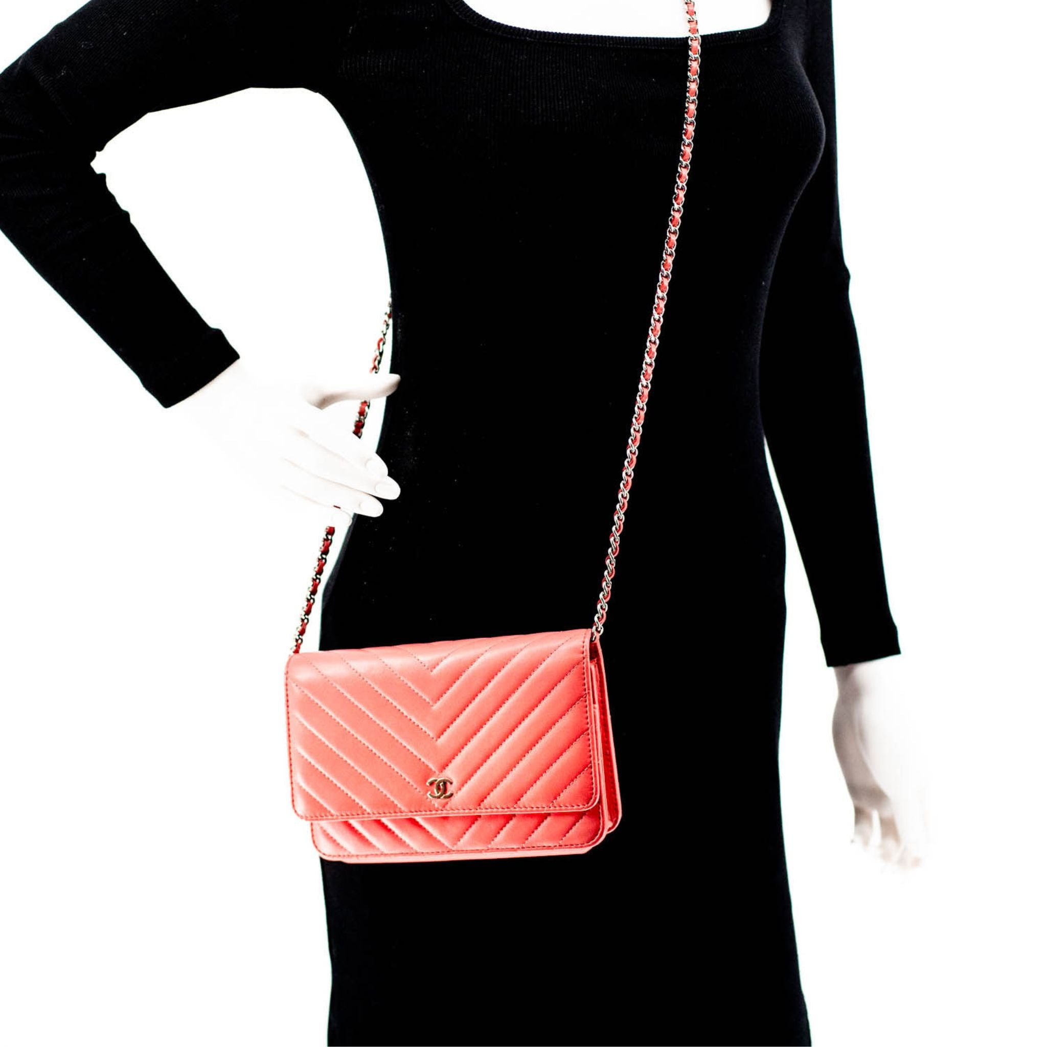 Chanel Quilted Caviar Chevron Wallet on a Chain - Pink - SOLD