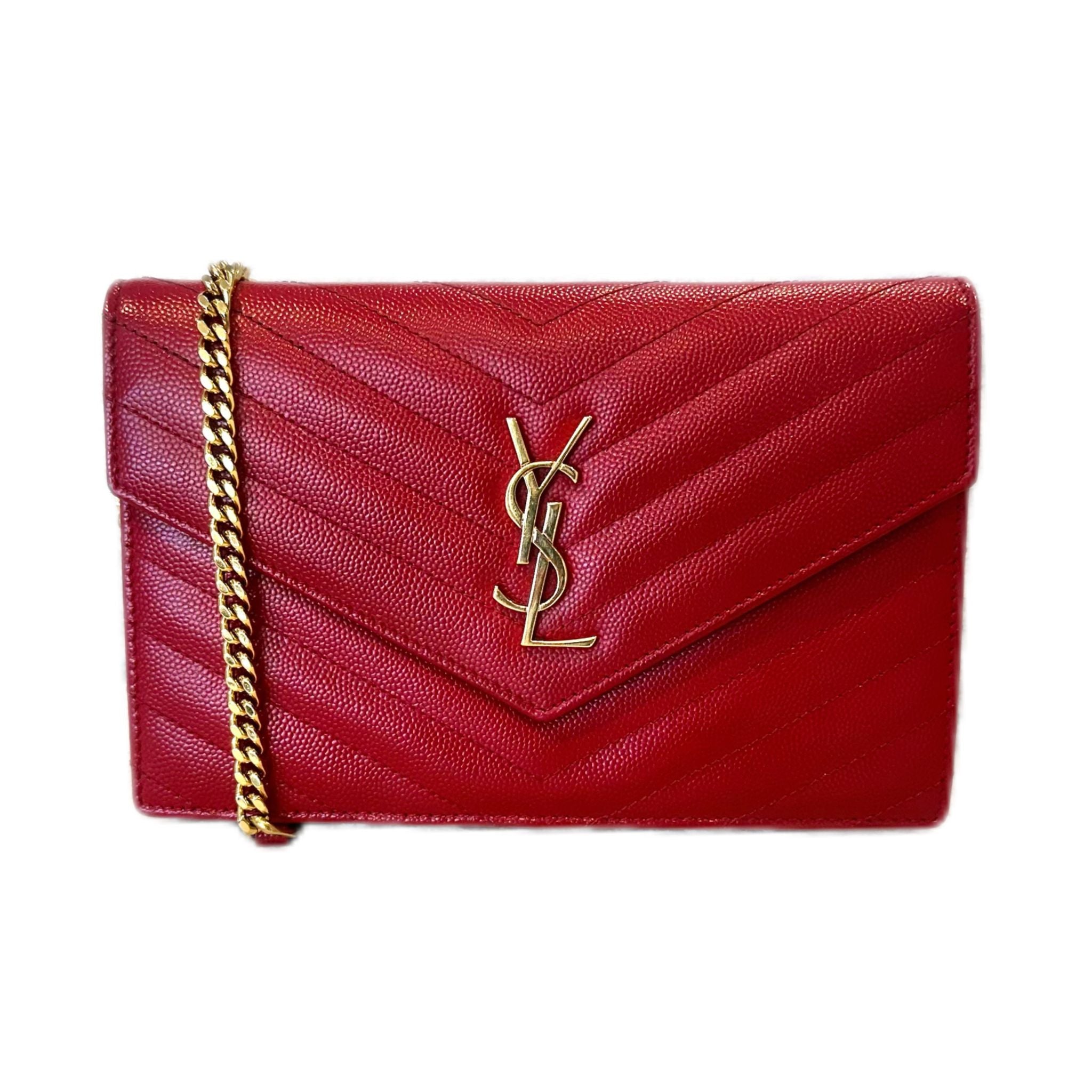 Saint Laurent Grain De Poudre Matelasse Chevron Monogram Chain Wallet - Red