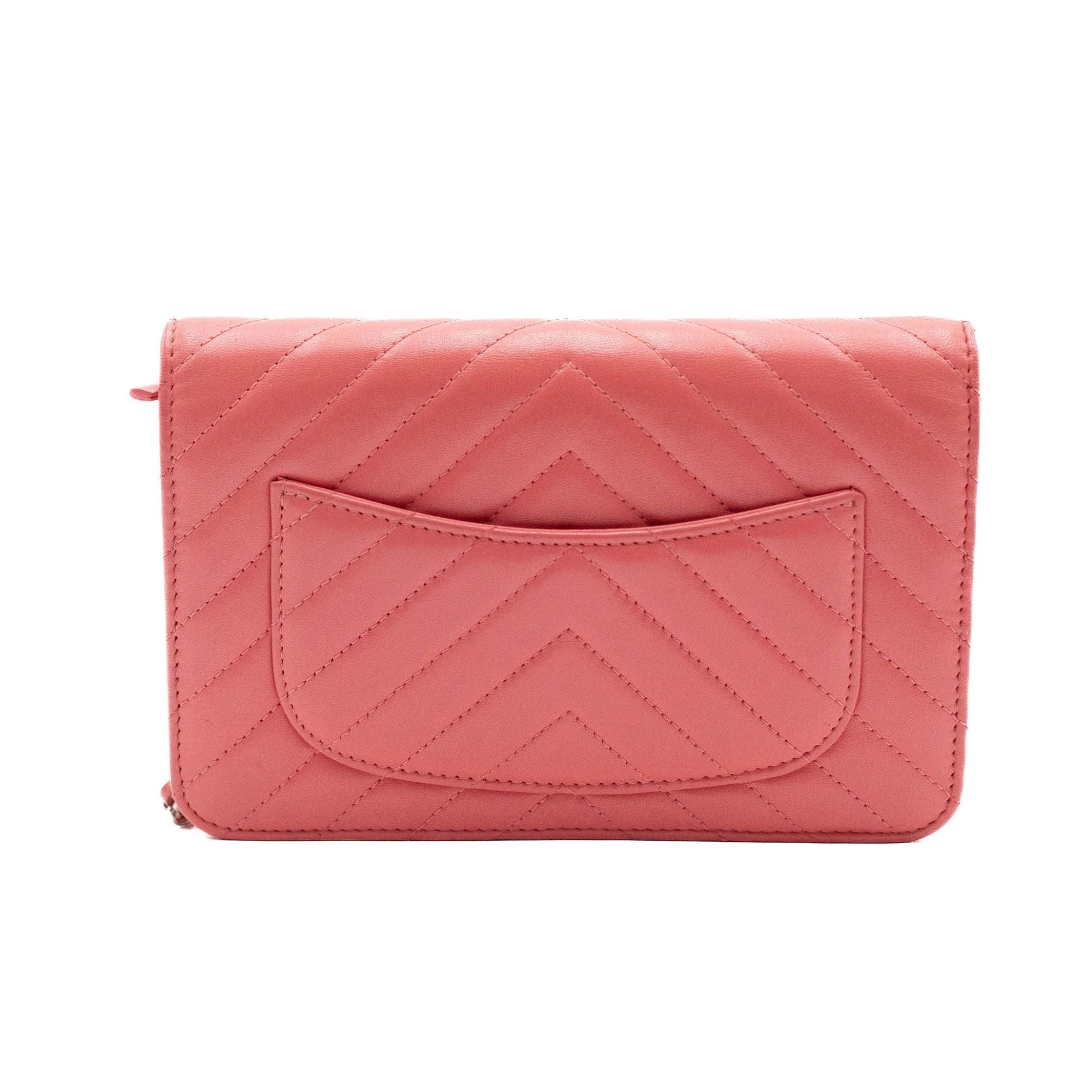 Chanel Quilted Caviar Chevron Wallet on a Chain - Pink