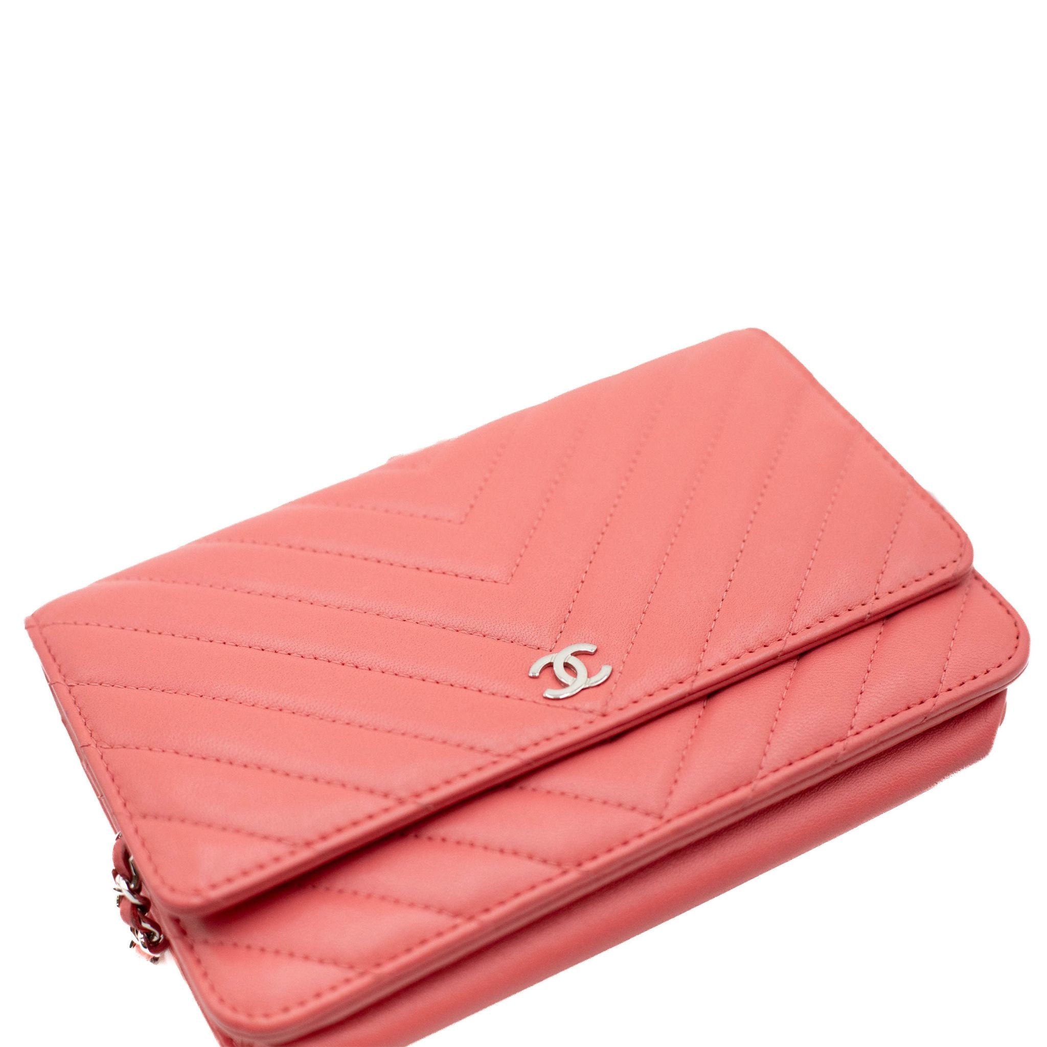 Chanel Quilted Caviar Chevron Wallet on a Chain - Pink