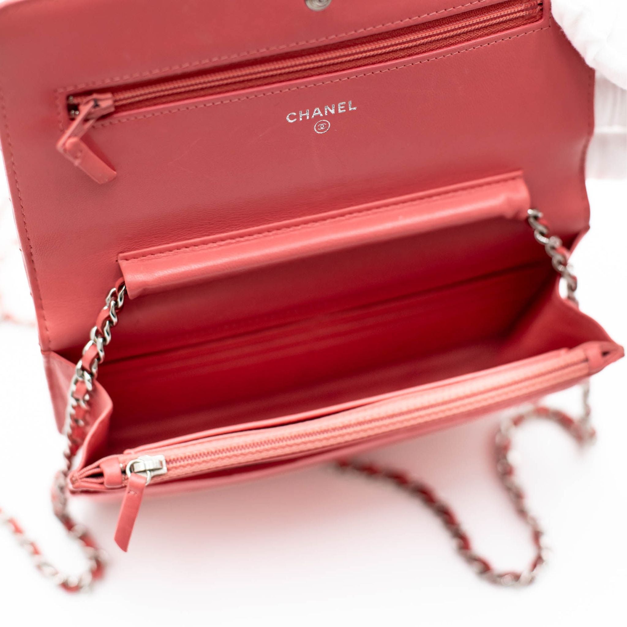 Chanel Quilted Caviar Chevron Wallet on a Chain - Pink