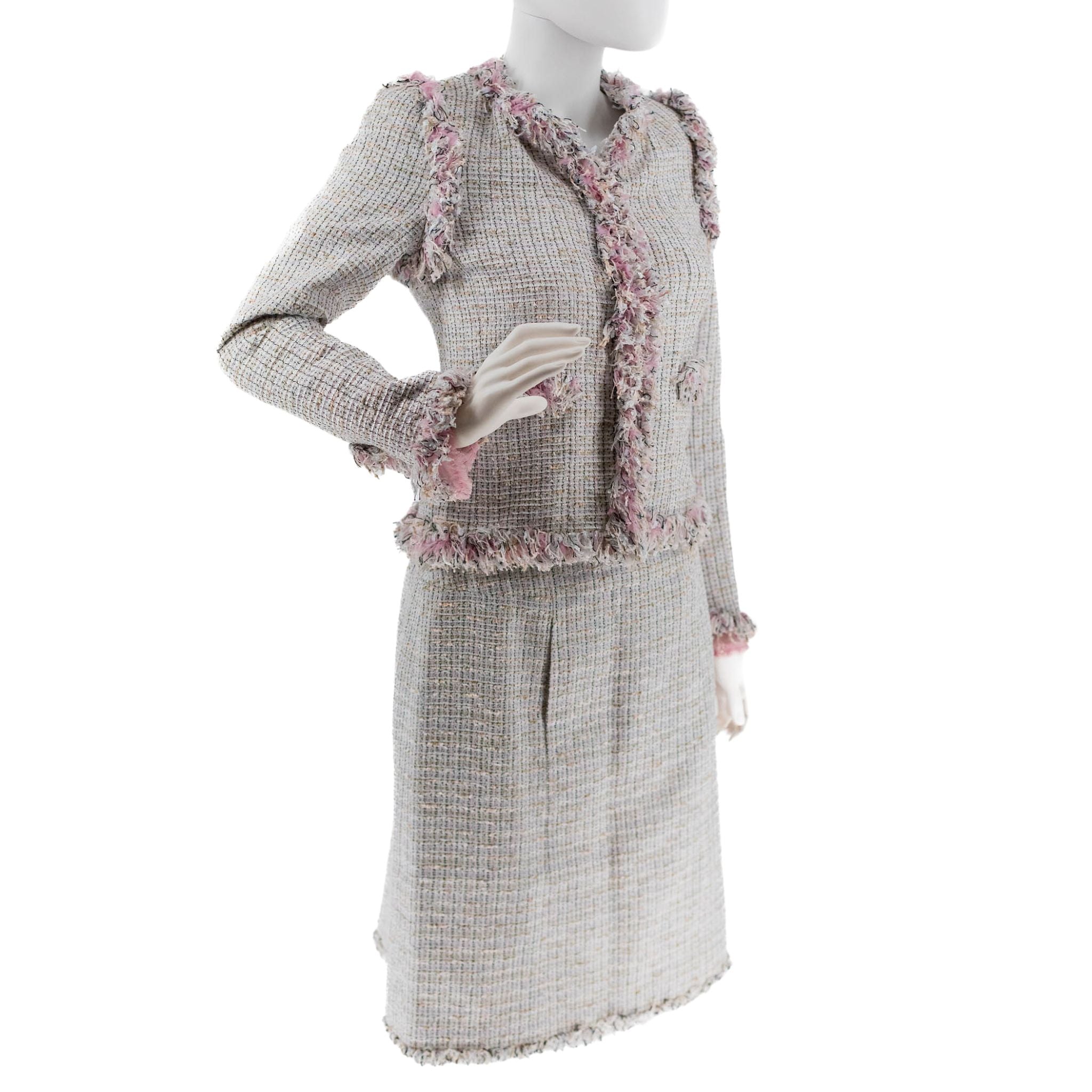 Chanel Pale Pink Tweed Skirt Suit with Fringe Trim - Spring 2004 - SOLD