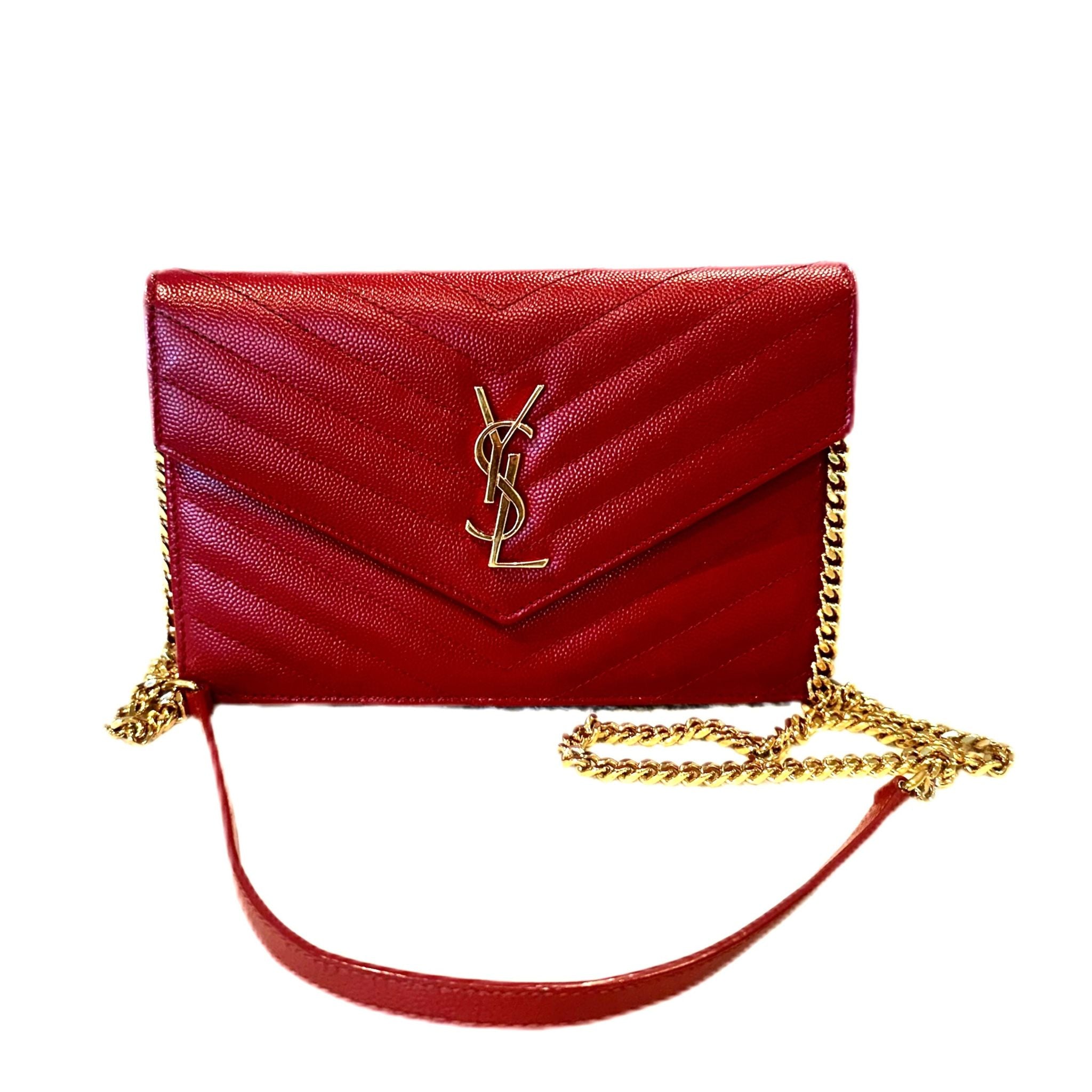 Saint Laurent Grain De Poudre Matelasse Chevron Monogram Chain Wallet - Red