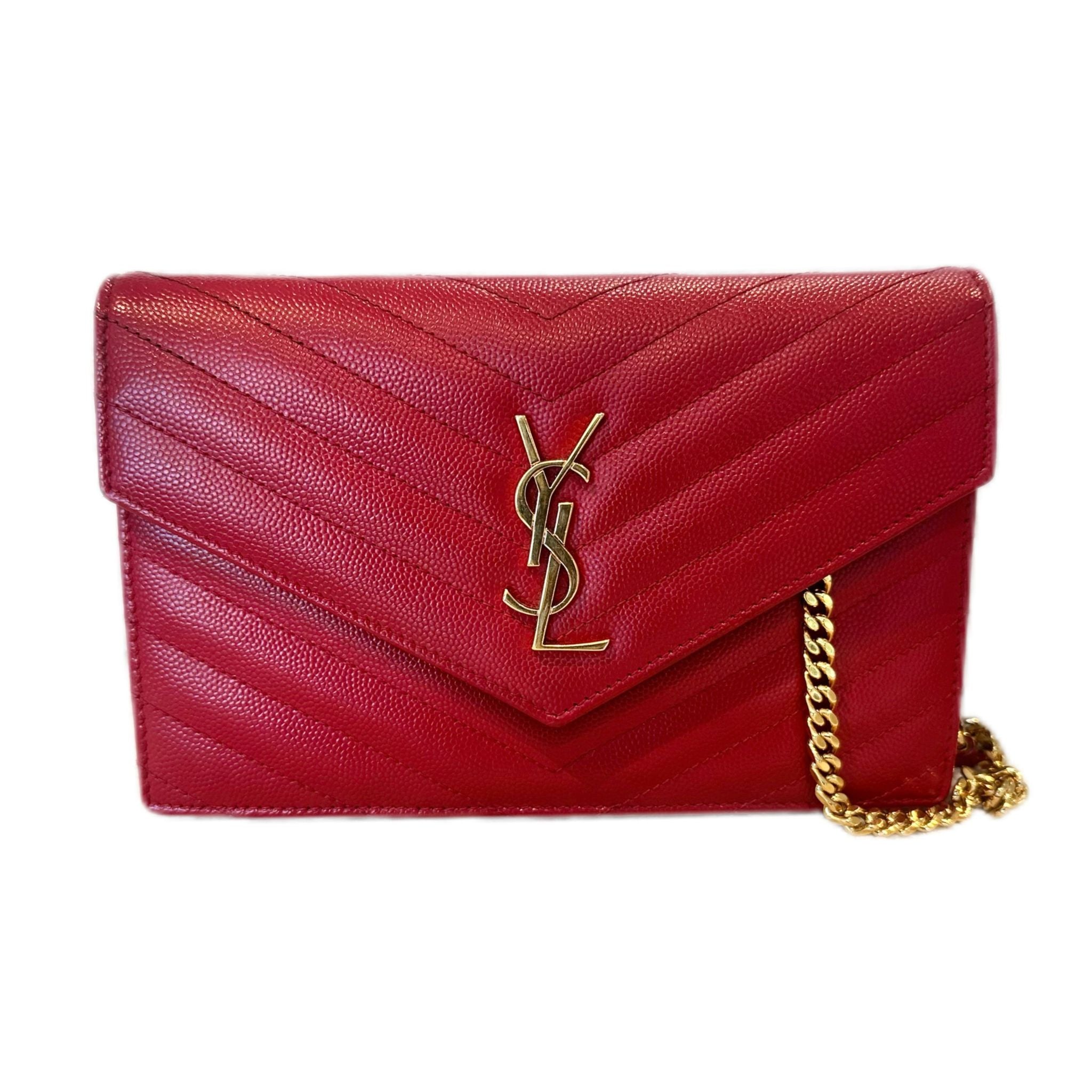 Saint Laurent Grain De Poudre Matelasse Chevron Monogram Chain Wallet - Red