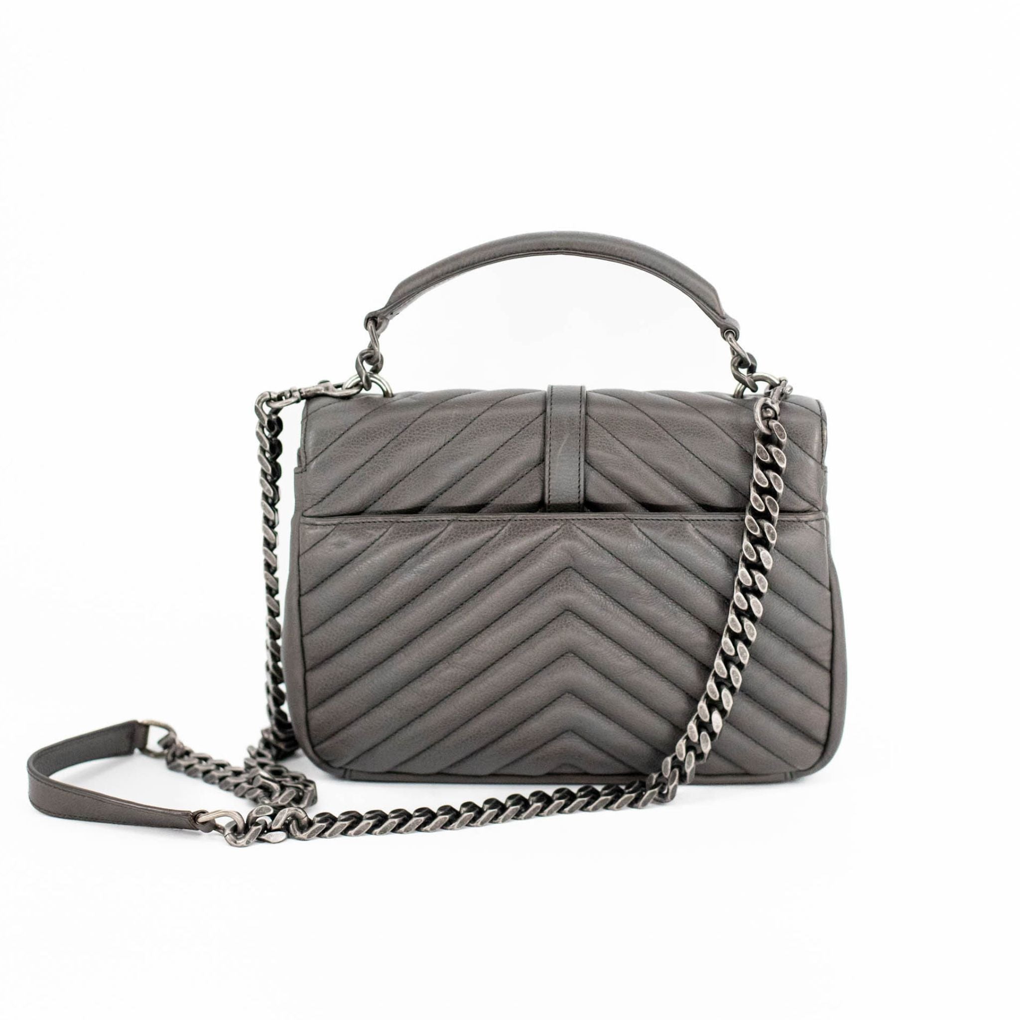 YSL Sheepskin Chevron Matelasse Monogram College Bag - Gray / Medium