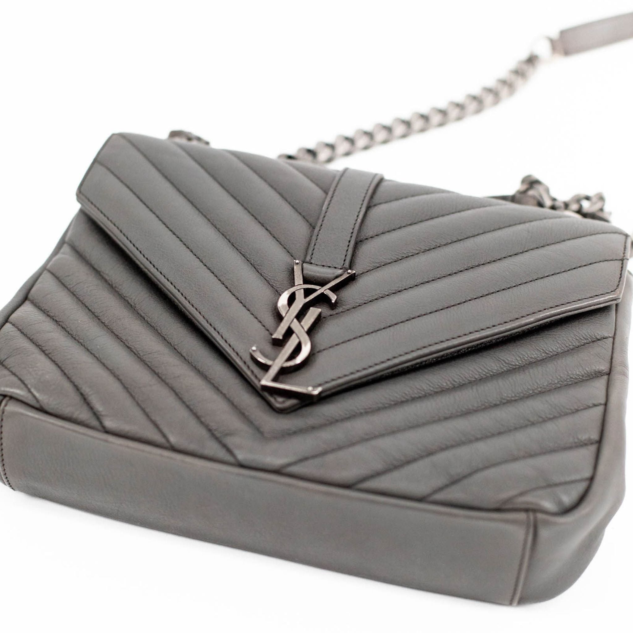 YSL Sheepskin Chevron Matelasse Monogram College Bag - Gray / Medium