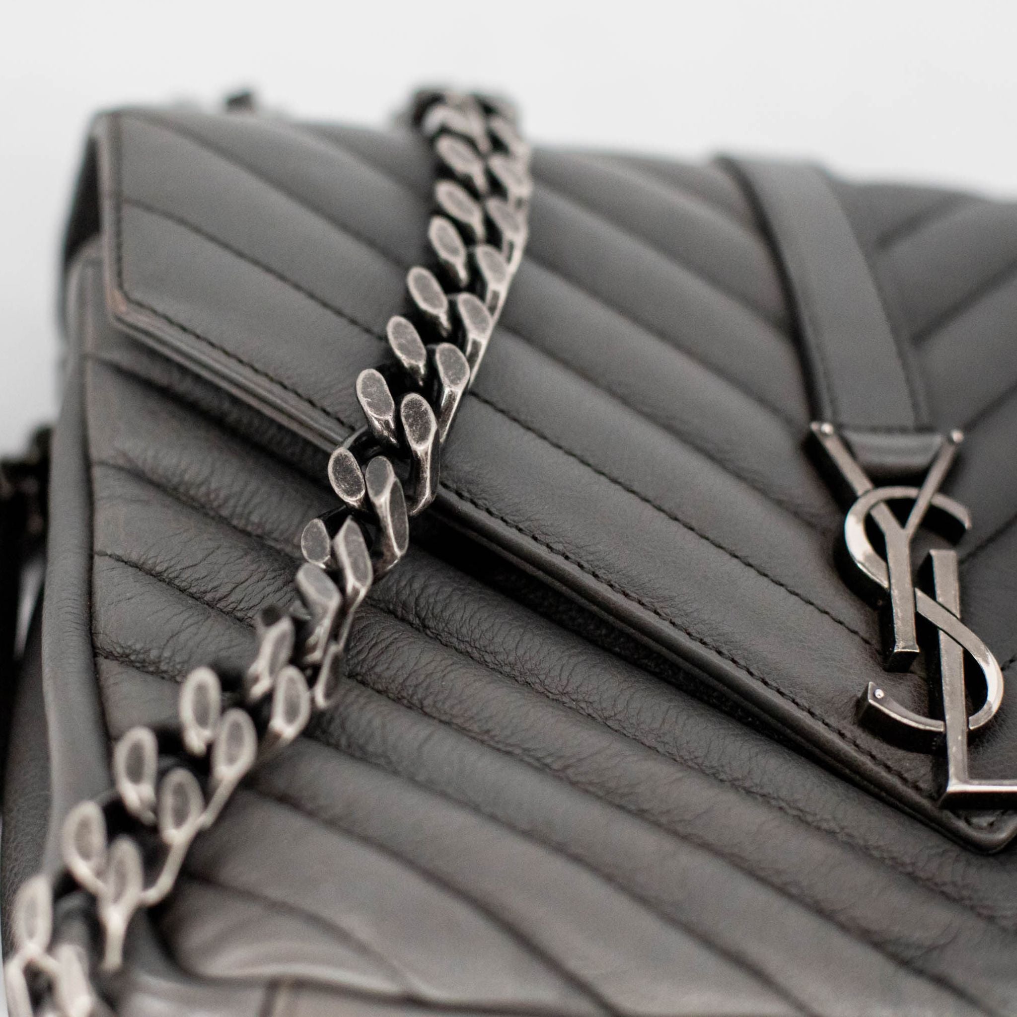 YSL Sheepskin Chevron Matelasse Monogram College Bag - Gray / Medium