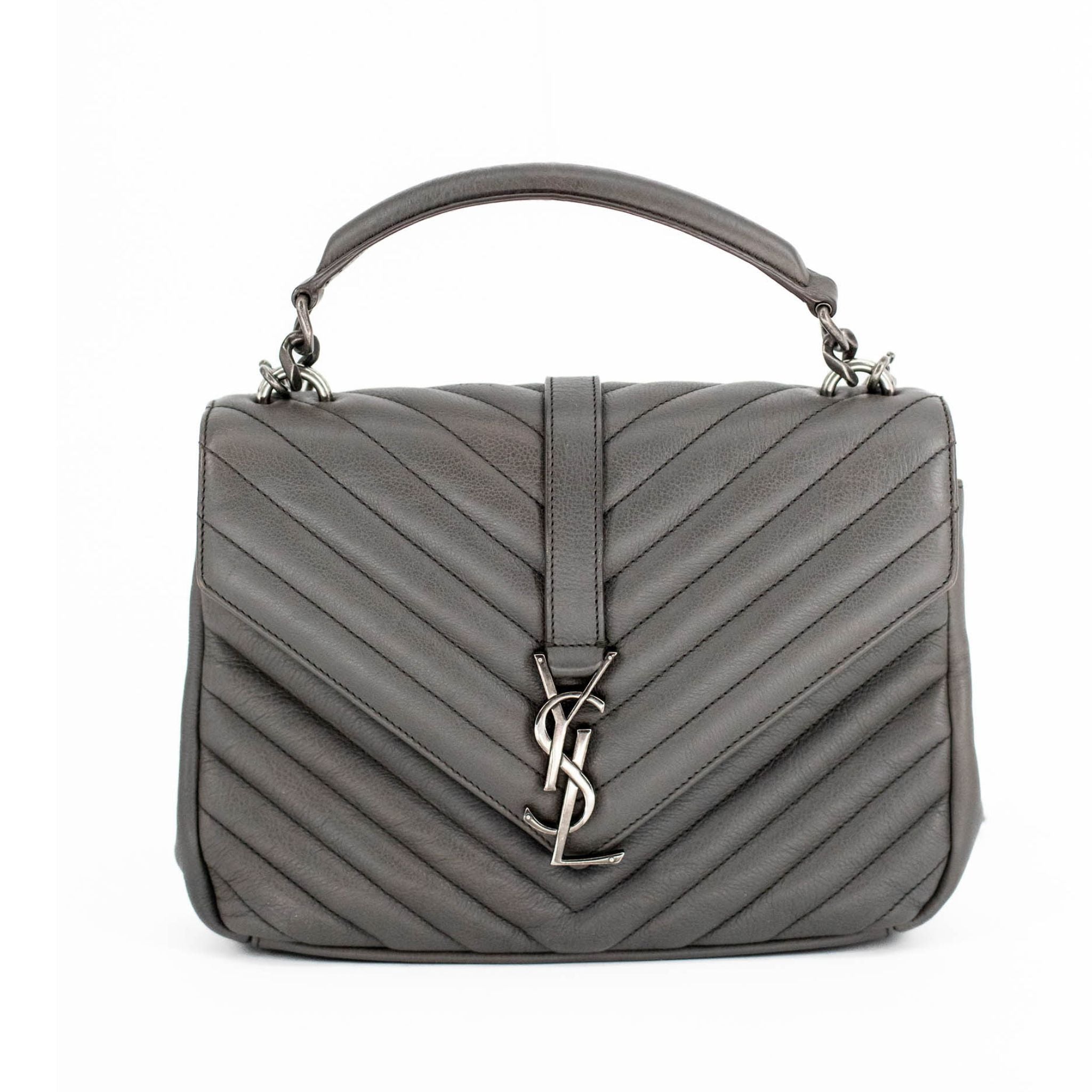 YSL Sheepskin Chevron Matelasse Monogram College Bag - Gray / Medium