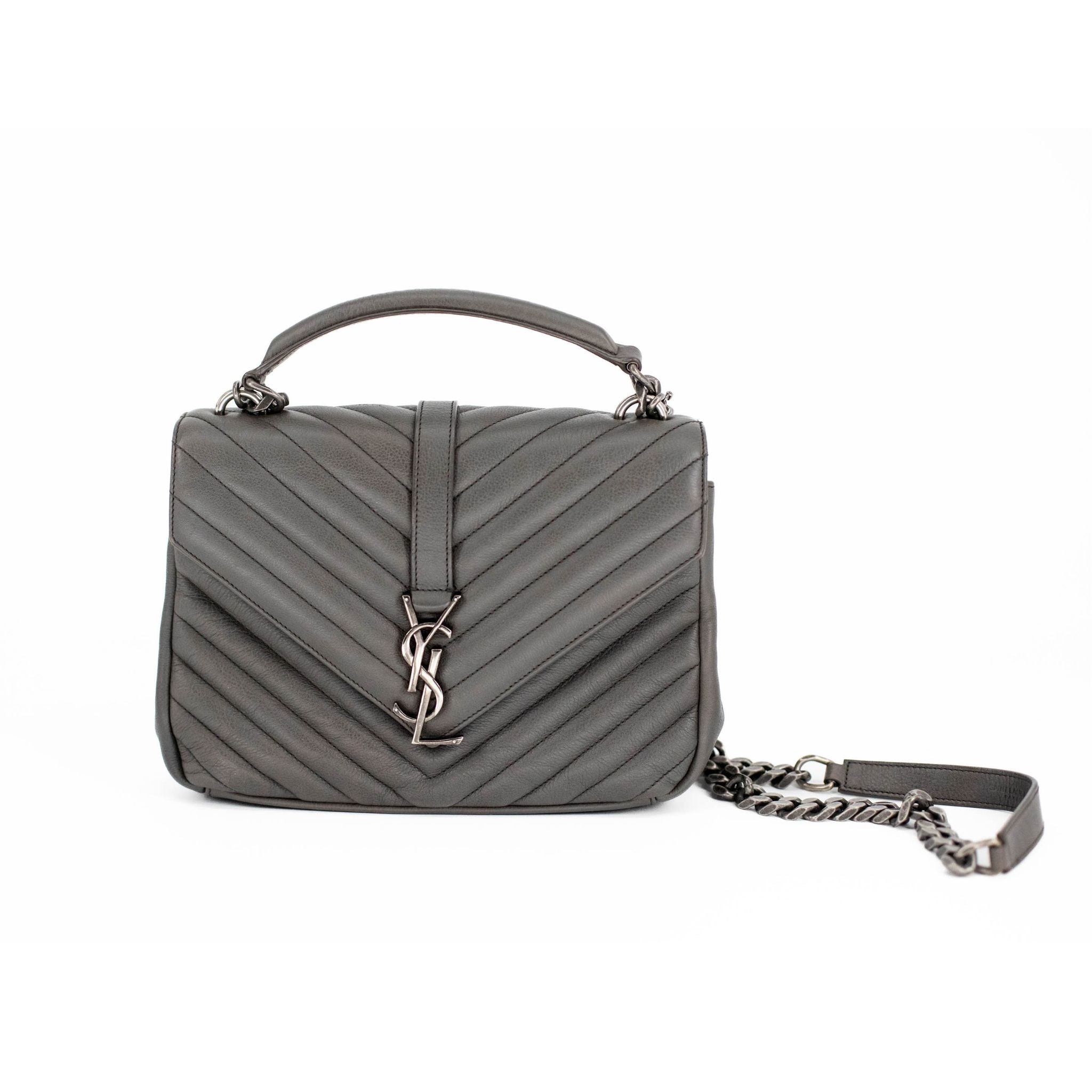 YSL Sheepskin Chevron Matelasse Monogram College Bag - Gray / Medium