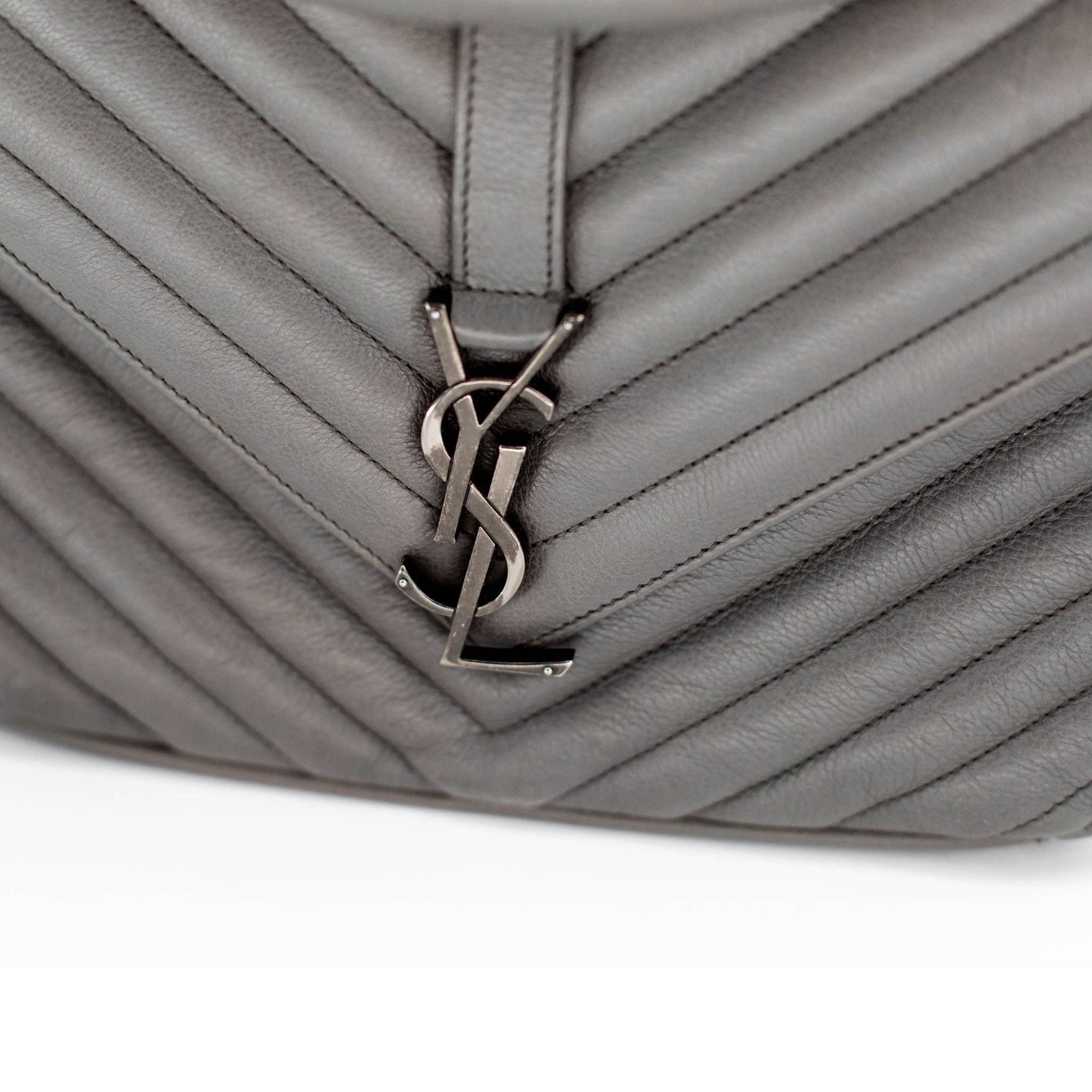 YSL Sheepskin Chevron Matelasse Monogram College Bag - Gray / Medium