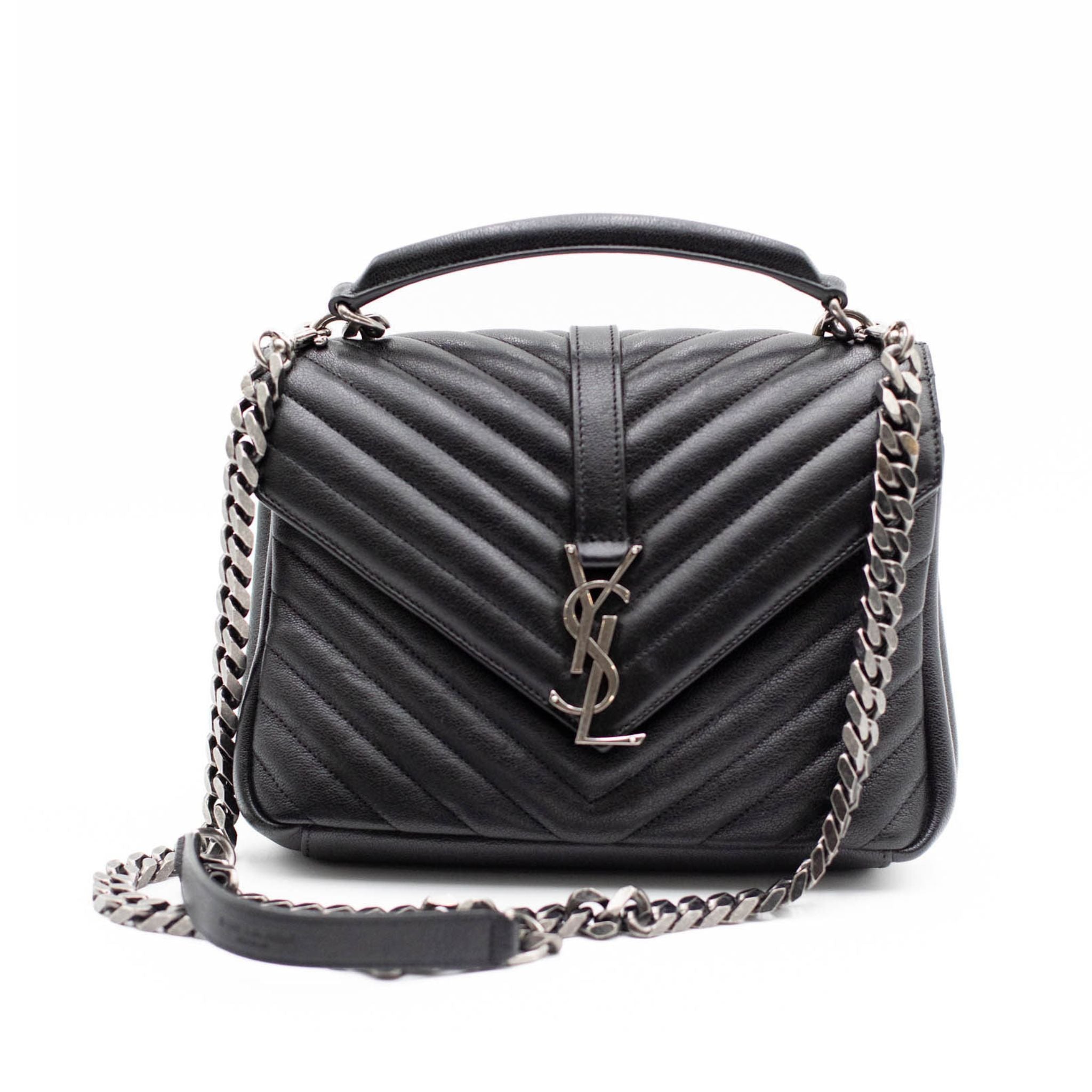 YSL Sheepskin Matelasse Chevron Monogram College Bag - Black - SOLD