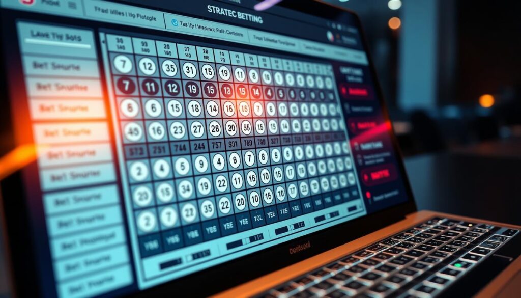 A detailed close-up of a strategic betting grid for the Vietnamese double-ball lottery game, displayed on a sleek, modern interface. The grid is illuminated by soft, warm lighting, creating a sense of focus and clarity. The layout is clean and intuitive, with clearly labeled sections for different bet types and options. The background is subtly blurred, keeping the attention on the central betting grid. The overall atmosphere conveys a sense of expertise, precision, and the potential for successful gameplay.
