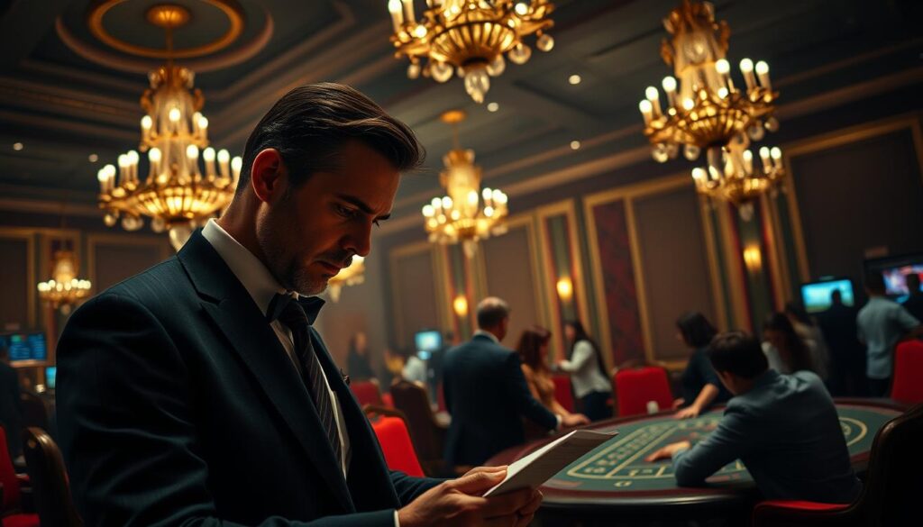 A dimly lit, elegant casino interior with ornate chandeliers and plush, red velvet furnishings. In the foreground, a well-dressed man intently studying a sheet of numbers, his expression focused and contemplative. In the middle ground, a group of people gathered around a gaming table, their faces alight with excitement as they eagerly place their bets. The background is hazy, conveying a sense of anticipation and the thrill of the game. The lighting is warm and subdued, creating an atmosphere of mystery and intrigue. The scene is captured with a cinematic, wide-angle lens, emphasizing the grandeur and drama of the setting.