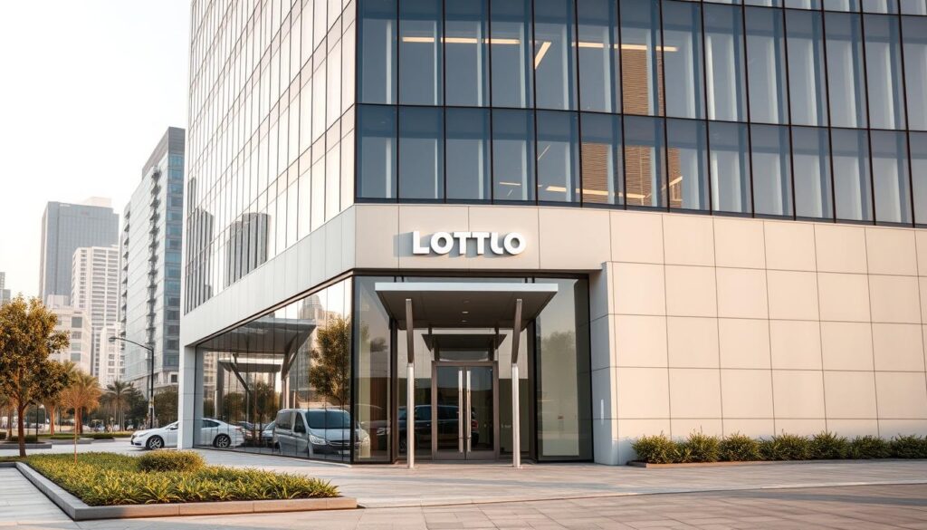 A modern, minimalist office building with a sleek, contemporary facade. The structure is made of glass and steel, with clean lines and a neutral color palette. The entrance is prominently featured, with a large, inviting doorway and a small, well-manicured landscaping area in the foreground. The middle ground showcases the building's exterior, with well-placed windows and a subtle, yet sophisticated signage. The background features a cityscape, with other high-rise buildings in the distance, creating a sense of urban sophistication. The lighting is soft and natural, casting a warm glow on the scene. The overall mood is one of professionalism, reliability, and trustworthiness, perfectly capturing the essence of a reputable online lottery provider.