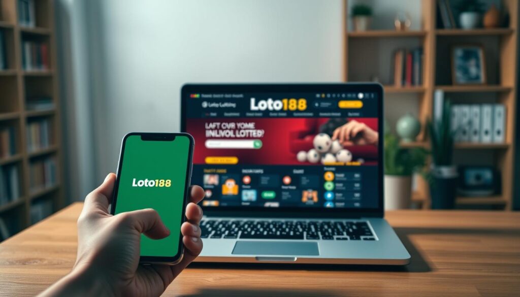 A serene and inviting online gambling scene, featuring a laptop displaying the Loto188 website on a wooden desk. In the foreground, a hand holds a smartphone, showcasing the Loto188 mobile app. Subtle lighting casts a warm glow, creating a comfortable and trustworthy atmosphere. The background depicts a tranquil home office setting, with bookshelves and potted plants, suggesting the convenience and security of playing the lottery from the comfort of one's own space. The overall composition conveys the benefits of Loto188's online lottery platform - accessible, reliable, and tailored to the modern user's needs.