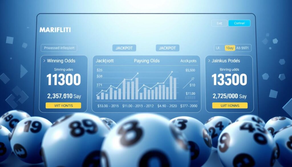 A sleek and modern online lottery platform, featuring a dynamic display of winning odds and jackpot amounts. The interface is clean and intuitive, with a sophisticated color palette of blues and grays, conveying a sense of trustworthiness and professionalism. The foreground showcases a realistic representation of lottery balls, conveyed through photorealistic rendering and careful attention to lighting and textures. The middle ground depicts stylized graphs and charts, highlighting the statistical probabilities and potential payouts. In the background, a subtle pattern of abstract shapes and geometric elements creates a sense of depth and visual interest, while maintaining a focused and uncluttered composition. The overall mood is one of anticipation and excitement, inviting the viewer to explore the potential rewards of online lottery play.