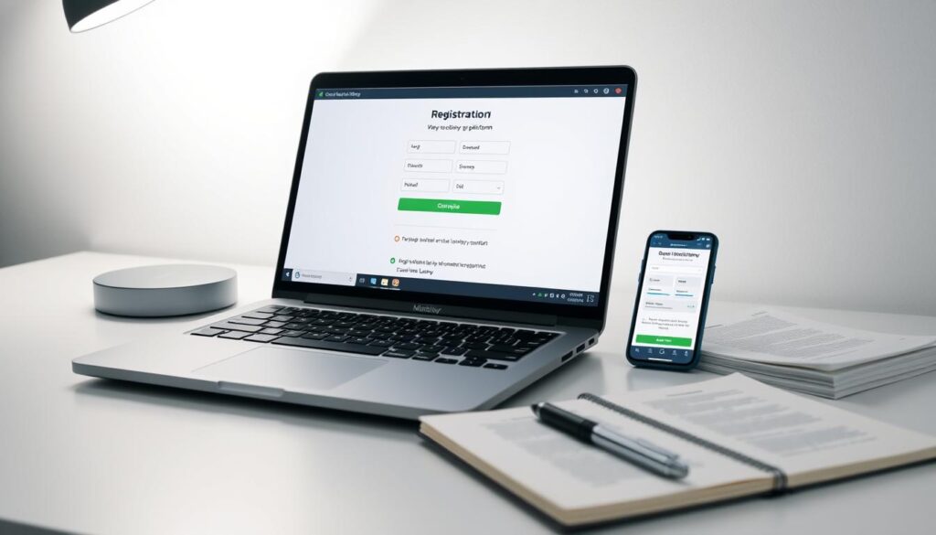 A sleek, minimalist desktop workspace with a laptop, smartphone, and notebook neatly arranged. The laptop screen displays a step-by-step registration process for an online lottery platform, with clear icons and intuitive UI. Soft, diffused lighting illuminates the scene, creating a calming, professional atmosphere. The smartphone displays a mobile app interface for the same lottery platform, showcasing its user-friendly design. A stack of legal documents and a stylish pen complete the setup, suggesting a secure and trustworthy online gaming experience.