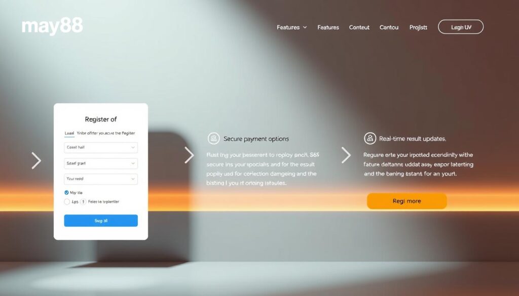 A sleek, minimalist website interface depicting the step-by-step process of registering for the may88 online lottery platform. In the foreground, a clean registration form with intuitive fields awaits user input, conveying a seamless user experience. The middle ground showcases key features like secure payment options and real-time result updates, all bathed in a soft, warm lighting that exudes professionalism and trustworthiness. The background subtly hints at the platform's popularity and reliability, with subtle patterns or graphics alluding to its widespread use. An overall sense of modern elegance and user-centric design permeates the scene, inviting the viewer to embark on their may88 lottery journey.