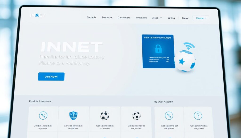 A sleek, modern website interface for a reputable online lottery platform, INNET. The page features a clean, minimalist design with a prominent INNET logo and subtle branding elements. The layout is well-organized, with clear sections for game information, betting options, and user account management. Elegant typography and a soothing color palette of blues and grays create a professional, trustworthy atmosphere. High-quality product shots and stylized icons enhance the user experience, conveying a sense of reliability and security. Subtle lighting and depth of field focus the viewer's attention on the key features, inviting exploration of the platform's capabilities. An overall impression of a sleek, user-friendly, and trustworthy online lottery destination.