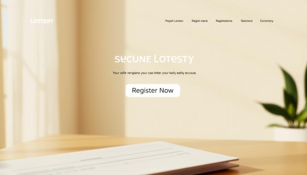 A sleek, modern website interface showcasing a secure online lottery registration process. In the foreground, a stylized form with clean input fields and intuitive navigation elements invites the user to sign up. The middle ground features a prominent &amp;quot;Register Now&amp;quot; call-to-action button, drawing the eye. In the background, a subtle pattern or graphic motif evokes a sense of trustworthiness and professionalism. Warm, natural lighting casts a soft glow, conveying a welcoming and reliable atmosphere. The overall composition is balanced, with a minimalist aesthetic that prioritizes user experience and emphasizes the simplicity of the registration workflow.