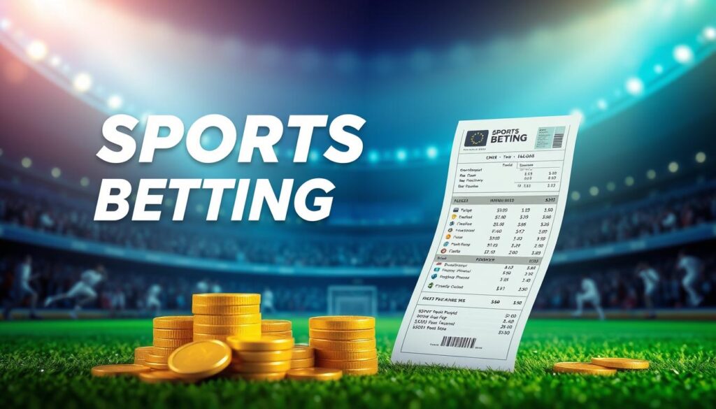 A vibrant and dynamic sports betting promotion banner, featuring a sleek, modern design. In the foreground, a stack of gold coins and a sports betting slip with attractive odds and payouts, conveying the excitement and potential rewards of the promotion. The middle ground showcases a dynamic sports stadium scene, with athletes in action and spectators cheering, creating a sense of energy and anticipation. The background features a minimalist, gradient-based design in shades of blue and green, lending a sophisticated and premium feel to the overall composition. Soft, directional lighting creates depth and highlights the key elements, while a shallow depth of field keeps the focus on the central promotion details. The overall mood is one of excitement, opportunity, and the thrill of sports betting.